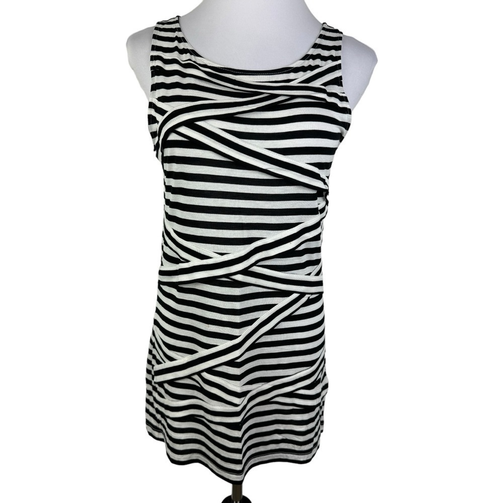 New York & Company Striped Diagonal Tunic Dress Women's Medium Black‎ White